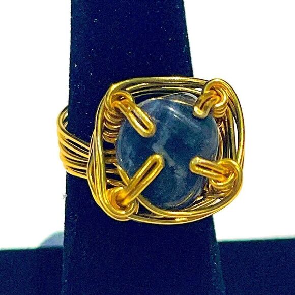 🔥 BLUE CHALCEDONY WIREWRAPPED GENUINE GEMSTONE CHUNKY RING 🔥 - Picture 1 of 6